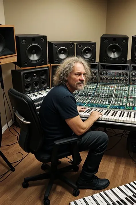 man in music studio, 50 years old, 80kg, curled non brushed hair