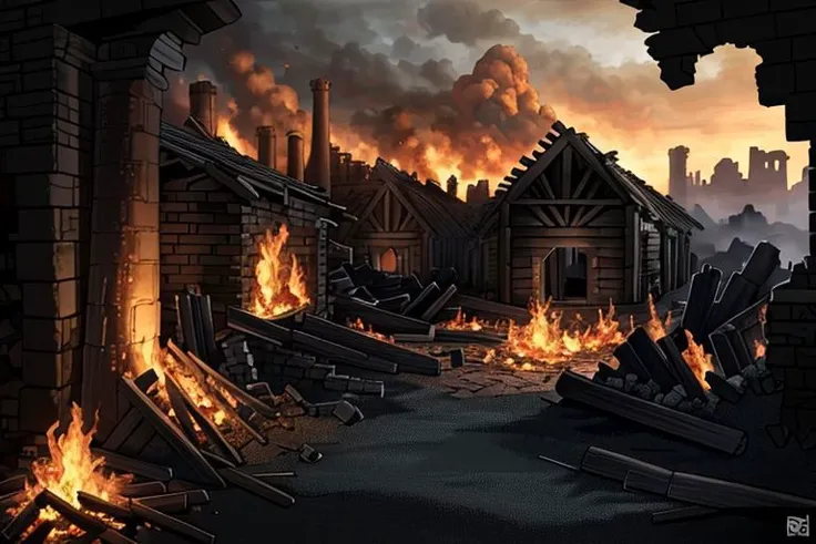 (masterpiece:1.2), (best quality,:1.2), 8k, HDR, ultra detailed, ((photorealistic)), professional light, cinematic lighting, fashion photography, ambient lighting,<lora:detail_slider_v4:3>, ruins of a burned! down village!, wood houses, FanRu <lora:FantasyRuins-10:0.7>, epiCPhoto
