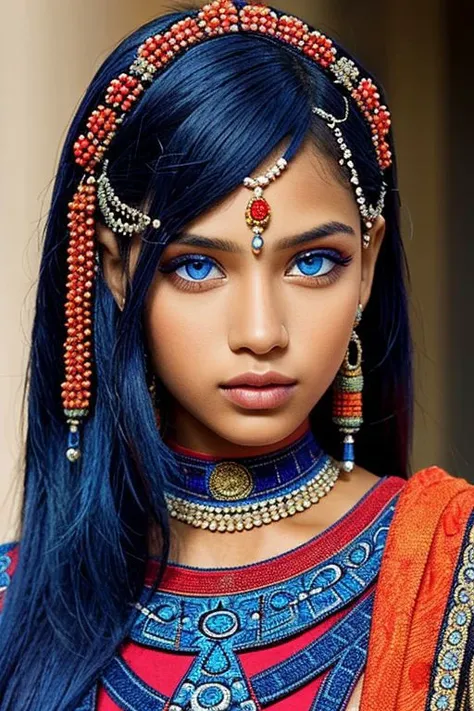 close-up photographic portrait of woman with strikingly vibrant blue-silver eyes. Supe shoulders showing. The face should, intricate, tribal-inspired art, patterns, reminiscent of beadwork and ceremonial embellishments, scheme, rich reds, oranges, blues --ar 2:3