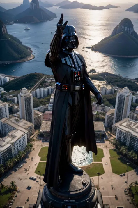 a highly detailed picture of, the darth vader as the christo redentor dabbing over rio de janeiro, ultrawide lens, by dan mumford, yusuke murata, makoto shinkai, ross tran, cosmic, heavenly, god rays, intricate detail, cinematic, 8 k, cel shaded, unreal engine, featured on artstation, pixiv