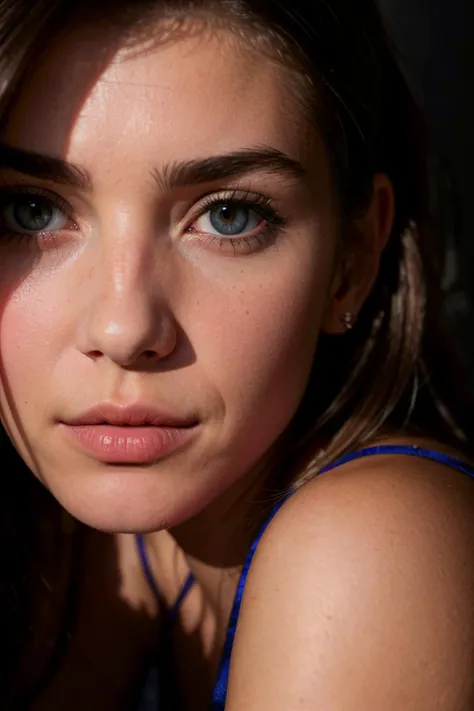 HDR photo of Photo portrait of a pensive young brunette woman with sparkling eyes, detailed skin, (half her face concealed in shadow:1.4), tight close up on face, dark background, side lighting revealing her gaze, eye level, in the style of Nathan Wirth . High dynamic range, vivid, rich details, clear shadows and highlights, realistic, intense, enhanced contrast, highly detailed