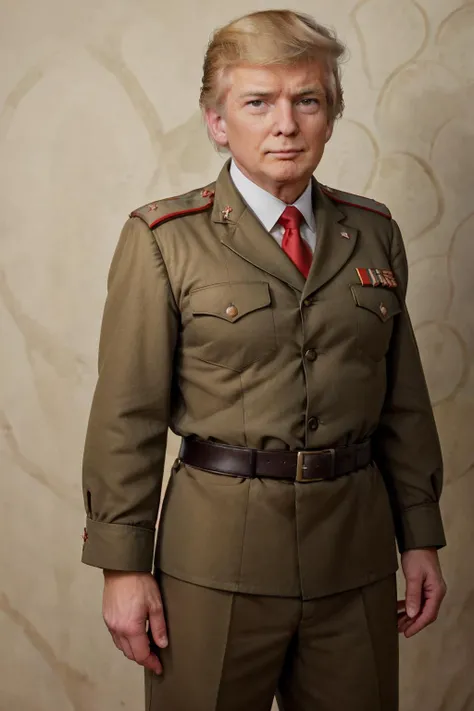 <lora:D.Trump_v1:0.9>, realistic, solo, male_focus, 1boy, wearing Soviet Military uniform, realistic photo of Donald Trump, standing, simple background, (masterpiece:1.0), (best quality:1.0), beautiful, (intricate details), unity 8k wallpaper, ultra detailed, flash photography <lora:SD 50Soviet Military uniform:1>