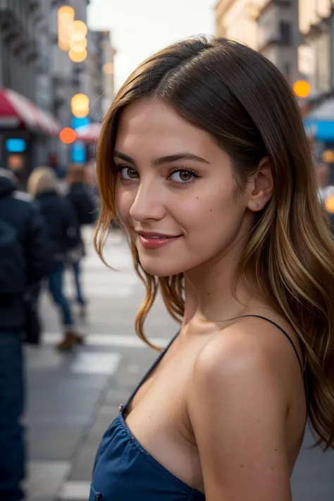 realistic,best quality,(masterpiece:1.2),absurdres,(1girl, solo), Candid photo of a beautiful woman, with captivating eyes, smiling amidst a bustling city, upper body framing, in a street photography setting, (golden hour lighting:1.3), shot at eye level, on a Fujifilm X-T4 with a 50mm lens, in the style of Alfred Stieglitz, epiCRealism