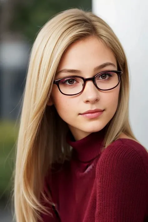 A girl with blonde hair with black glasses on her head wearing a short red dress with black and brown eyes in one piece style