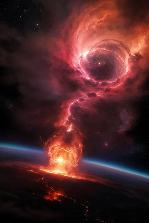 Stunning realistic photo of a planet exploding, cosmic event, outer space, destruction, astronomical, by NASA or Hubble, high-resolution, detailed, dynamic lighting, fiery explosion, vivid colors, astrophotography, cinematic, epic, wide-angle shot, (intense) atmosphere, dark background, stars, DSLR or telescope capture, 4k or higher resolution, (expansive) composition, awe-inspiring, galaxy, interstellar, cosmic debris, breathtaking, long exposure, nebula, otherworldly