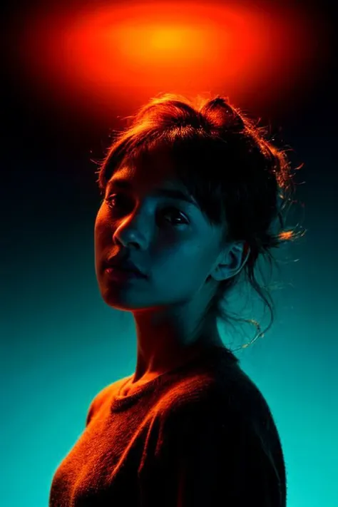 women, modelshoot style, portrait of a award winning photo of in a dark studio, orange and tale two tone lighting, sharp focus, teal hue, octane, unreal, dimly lit, low key, full black background, photorealistic, (high detailed skin:1.2), 8k uhd, dslr, soft lighting, high quality, volumetric lighting, candid, Photograph, high resolution, 4k, 8k, Bokeh,