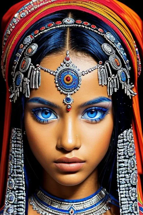 close-up photographic portrait of woman with strikingly vibrant blue-silver eyes. The face should, intricate, tribal-inspired art, patterns, reminiscent of beadwork and ceremonial embellishments, scheme, rich reds, oranges, blues --ar 2:3