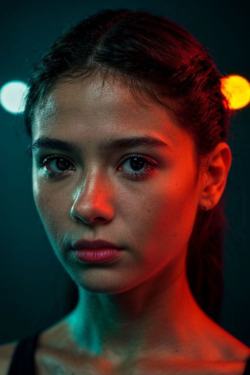 women, modelshoot style, portrait of a award winning photo of in a dark studio, orange and tale two tone lighting, sharp focus, teal hue, octane, unreal, dimly lit, low key, full black background, photorealistic, (high detailed skin:1.2), 8k uhd, dslr, soft lighting, high quality, volumetric lighting, candid, Photograph, high resolution, 4k, 8k, Bokeh,