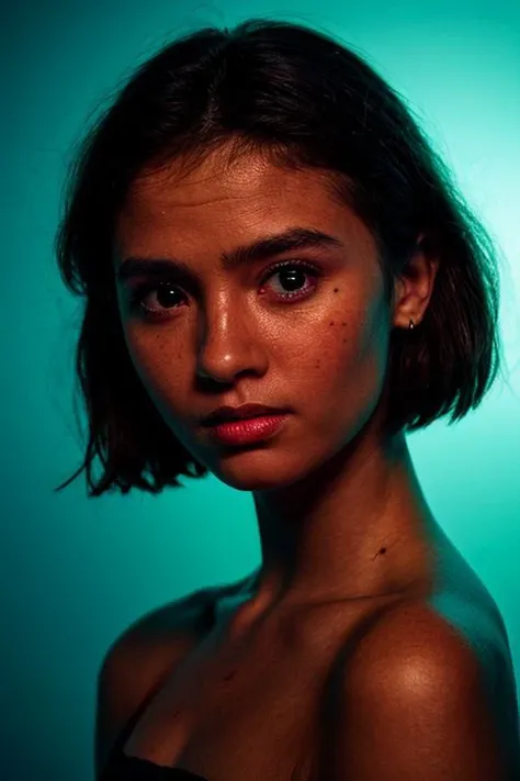 women, modelshoot style, portrait of a award winning photo of in a dark studio, orange and tale two tone lighting, sharp focus, teal hue, octane, unreal, dimly lit, low key, full black background, photorealistic, (high detailed skin:1.2), 8k uhd, dslr, soft lighting, high quality, volumetric lighting, candid, Photograph, high resolution, 4k, 8k, Bokeh,