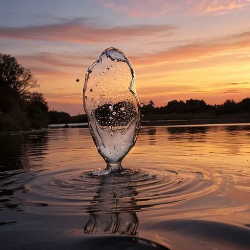 A camera lens sticking out of the Water, half angle, slightly from the side, warping of time and space, camera lens half way emerging from water, semi submerged rising through the water, with the most beautiful reflection of the colorful sunset, water droplets, refracting colorful light, color burst, explosion, fused, color bomb, HDR