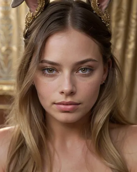 portrait of ((Tsarpunk)) Margot Robbie, rabbit, intricate details, intricate background, hyperrealism,, natural skin texture, hyperrealism, soft light, muted colors