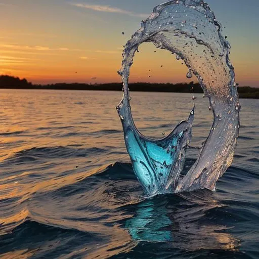 A camera lens sticking out of the Water, half angle, slightly from the side, warping of time and space, camera lens half way emerging from water, semi submerged rising through the water, with the most beautiful reflection of the colorful sunset, water droplets, refracting colorful light, color burst, explosion, fused, color bomb,