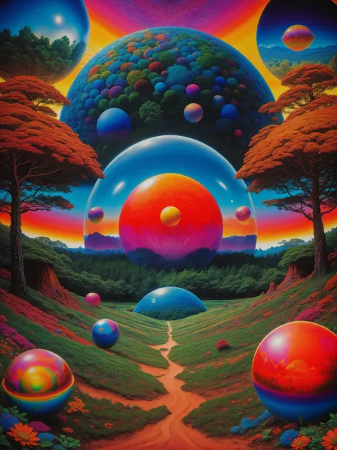 RAW photo, <lora:psychedelic-landscape:0.8> psychedelic landscape, (spheres, worlds within worlds:1.3) (high detailed skin:1.2), 8k uhd, dslr, soft lighting, high quality, film grain, Fujifilm XT3