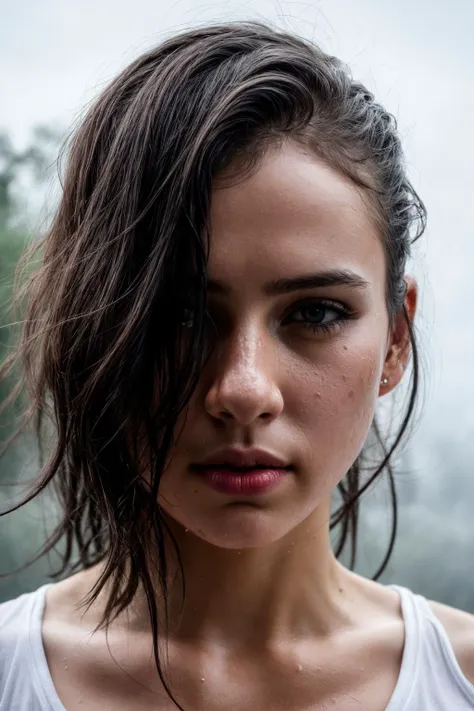 RAW photo color, a close up portrait photo, 1girl, 30 years old, wearing a white wet t-shirt, wet hair, standing, pale skin, wet, seductive, ((detailed face)), (detailed skin), intricate details, shallow depth of field, [volumetric fog], cinematic lighting, reflections, photographed on a Canon EOS R5, wide lens, F/2.8, HDR, 8k resolution, <lora:bralessv2:.5> <lora:more_details:1>