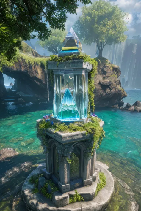 (8k, RAW photo, best quality, masterpiece:1.2), (realistic, photo-realistic:1.37), octane render, ultra high res, ultra-detailed , professional lighting, photon mapping, radiosity, physically-based rendering, ue5, ((island sanctuary)), ((ancient fallen kingdom)), ((reflections in water)), ((raytracing)), ((crystal structure)), ((crystal monument)), ((crystal statue))