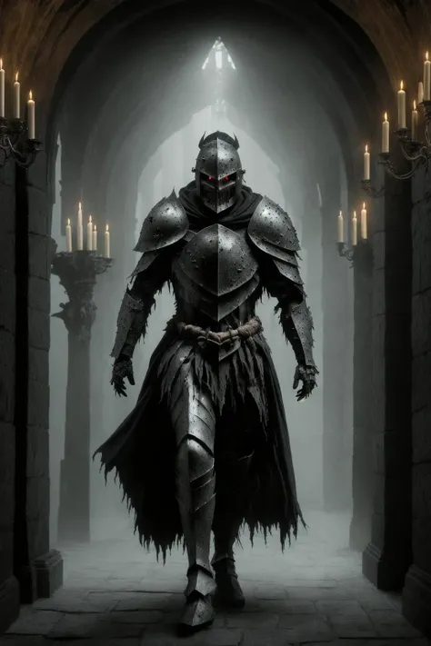 An epic cinematic film still of A viril man knight wearing a dark berserker bone armor with embossing and a black tattered cloak and boots, skull helmet, standing in a castle hallway, Elden ring style, ambient particles, global illumination, atmospheric fog, highly detailed, symmetry, glowing red eyes, golden candelbras