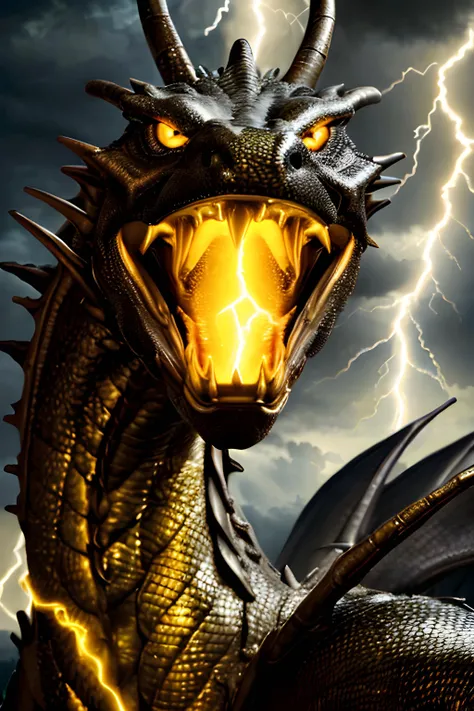 dragon mouth full of electric sparks, portrait of a bronze dragon breathing lightning, closeup, glowing yellow eyes, dramatic pose, dark gray clouds in the background, dramatic lighting, incredible shot, highly detailed, hyper realistic, cinematic lighting, shallow depth of field