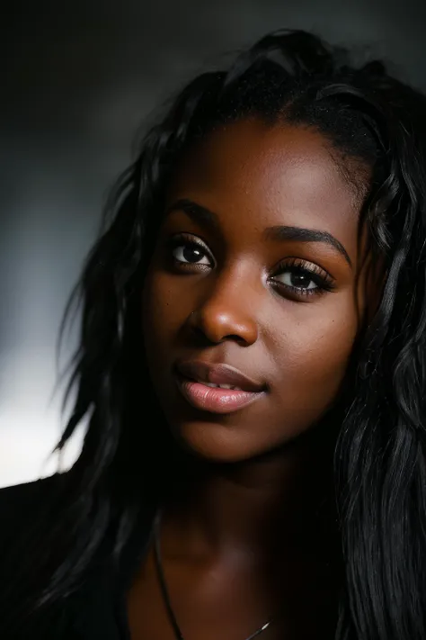 (close-up, editorial  rz884n4l0g photograph of a 20 year old woman from the 70s), (((black african ebony))),  (highly detailed face:1.4) (smile:0.7) (background inside dark, moody, private study:1.3) <lora:epiNoiseoffset_v2:1.2>, POV, by lee jeffries, nikon d850, film stock photograph ,4 kodak portra 400 ,camera f1.6 lens ,rich colors ,hyper realistic ,lifelike texture, dramatic lighting ,  <lora:rzAnalog1521_sd1510768:0.5>