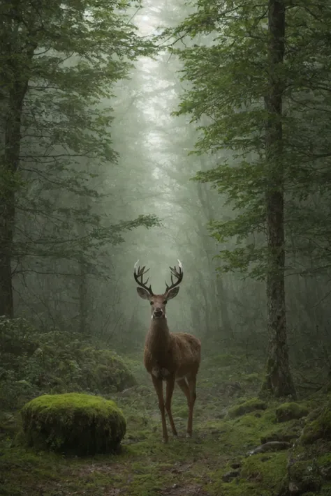 deer stares at the viewer from the distance, lone deer, single animal, full body, eerie animal, foliage overgrowth, fog, deep forest, dense forest, mysterious mythical atmosphere, volumetric lighting, herbs, mushrooms, tall weeds, bushes, stump, moss, verdant, stone, flowers, in the spotlight, supernatural, fairy tale