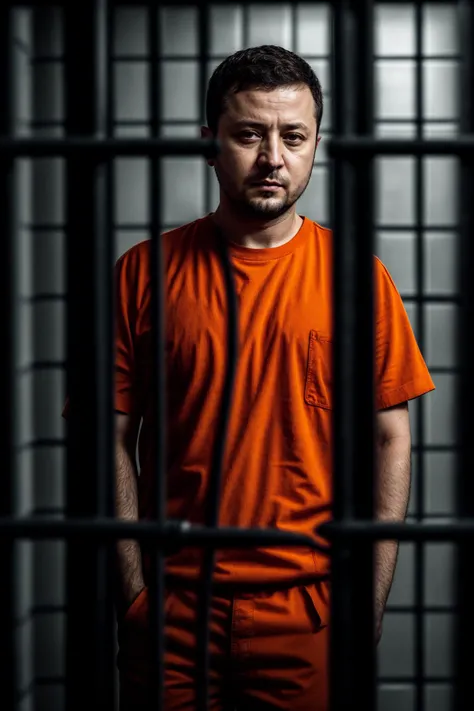 Photo of zelensky,  (persZel-1700:0.9), 1man, sad, disappointment, (prison clothes, orange shirt, orange pants:1.3), (prison cell:1.2), cage
photorealistic, ultra realistic, maximum detail, foreground focus, recipes.com, epicurious, instagram, 8k, volumetric light, cinematic, octane render, uplight, no blur, depth of field, dof, bokeh
<lora:zelensky:0.8>
<lora:more_details:0.6>