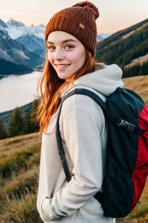 (8k, RAW photo, best quality, masterpiece:1.2), (soft lighting, sunrise:1.4), (highly realistic:1.6), (beautiful, young girl, bright ginger hair:1.4), young face, veiny, (freckles:1.1), realistic, (breathtaking scenery, mountain range:1.4), (shy smile:1.2), jumper, beanie, rucksack, (detailed eyes:1.6)