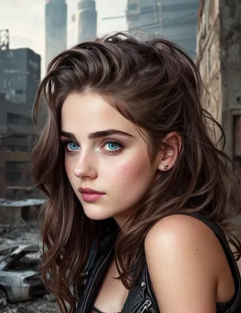 Young beautiful (Girl:1.2) hiding in shattered industrial atmosphere, post apocalyptic ruined city, black tattered shirt, high detail, black colors,( cyberpunk), detailed eyes, hdr, 8k, ultra realistic, belly, (skulls on the ground), (small chest), black leather jacket, (beautiful detailed eyes), (detailedlight), ((intricate detail)), (highres), rubin-like dark red eyes, plump lips, small nose, thick eyebrows, almond-shaped eyes, detailed background, ((illustration)), (((masterpiece))), ((best quality)), (High resolution), (multi-colored hair), skin complexities, high quality,highres, absurdres, real life, (detailed face:1.2)
