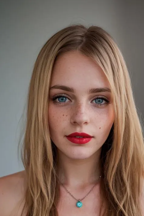 (8k, RAW photo, highest quality), half body portrait of an blonde girl, european, long blue hair, (detailed eyes:0.9), soft red lips,  naughty face, necklace, shoulder tattoo, freckles, muted colors, (looking at the camera:1.5)