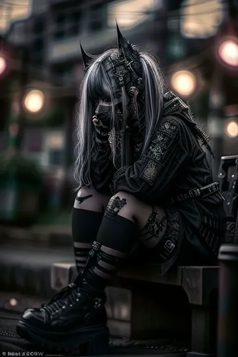 Goth_punk, DSLR camera shot of beautiful Caucasian girl with long hair and long bangs, sitting down, sharp focus, beautiful hazel eyes, disheveled hair, hair in face, outside at a college university, some color in hair, autumn color in background, bokeh