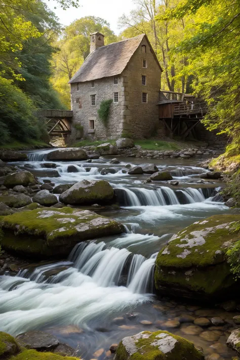 a charming medieval mill beside a bubbling brook, natural light, perfect composition
