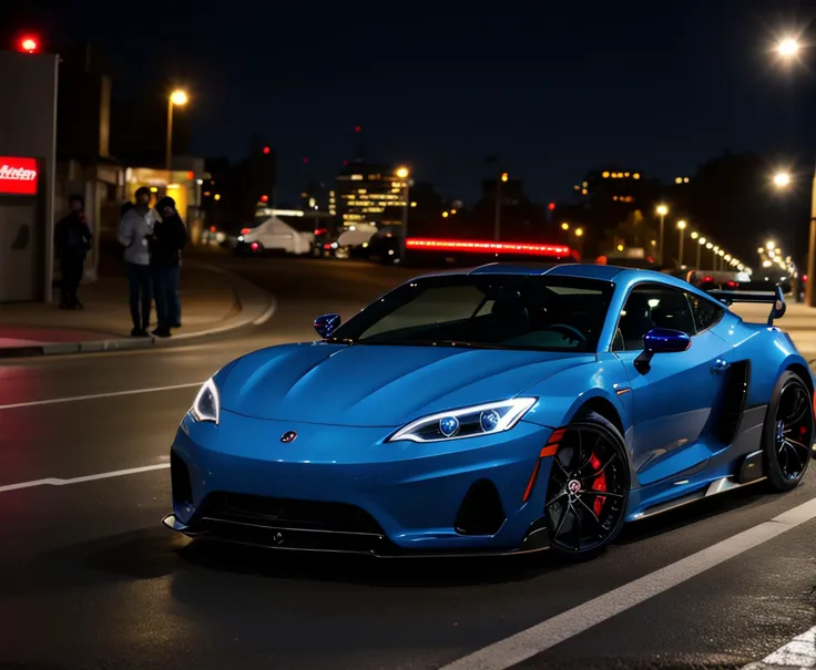 realistic sport car in a street, night time, highly detailed <lora:epiNoiseoffset_v2:1>