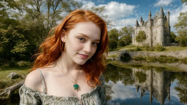 (irish girl)1.3, photo portrait, (18 years old):1.3, curly hair, celtic theme, ireland, irish landscape forest, (irish castle), (pond, ripples reflections):0.4, fine art photography, Fujifilm XT-4 Viltrox, medium shot, standing, happy smile, (green) aran irish clothes, miniskirt, celtic brooch, necklace, brilliant earrings, (clovers), extremely detailed, erik almas, best quality, hdr, cinematic lut, sharp focus, textured skin, skin pores, film grain, (pretty, beautiful, attractive, cheerful, lovely, sweet, cute, feminine, in love, romantic, loving, adorable, innocent, tender):0.3, (bright sunny sky, (redhead, freckles):0.5 <lora:Detail Tweaker LoRA add_detail:0.7> <lora:depth_of_field_slider_v1:7>