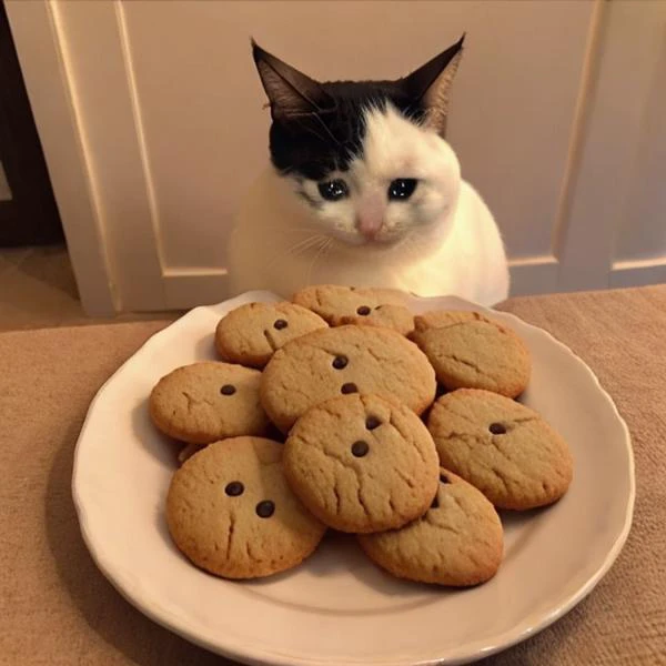 fat cat sitting, plate with cookies, <lora:sadcatmeme:1.0>