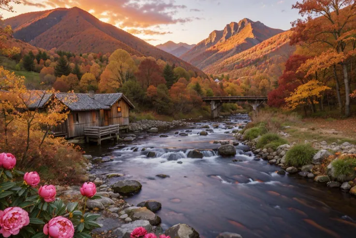 photo RAW, ((autumn:1.3)), sunrise, mountains and a wooden village on river, (Peony flowers on foreground), sunrays, impressive fantasy landscape