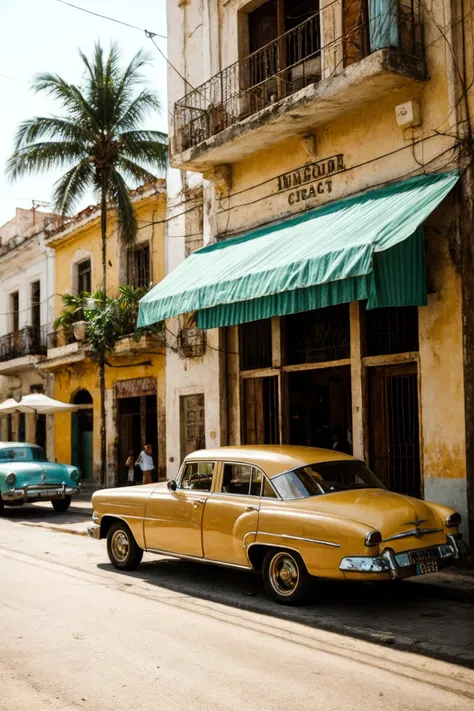 cinematic film still, shallow depth of field, highly detailed, gorgeous, film grain, During a serene afternoon, a Havana café gleams under a gentle golden glow, its sturdy wooden décor alive with movement, A skilled waitress navigates with ease, offering refreshing iced coffee and coconut water to visitors and regulars alike, fostering an atmosphere of conviviality and exchange, The sun's rays cascade onto a classic Cuban car stationed nearby, reflecting the cafe's vibrant energy