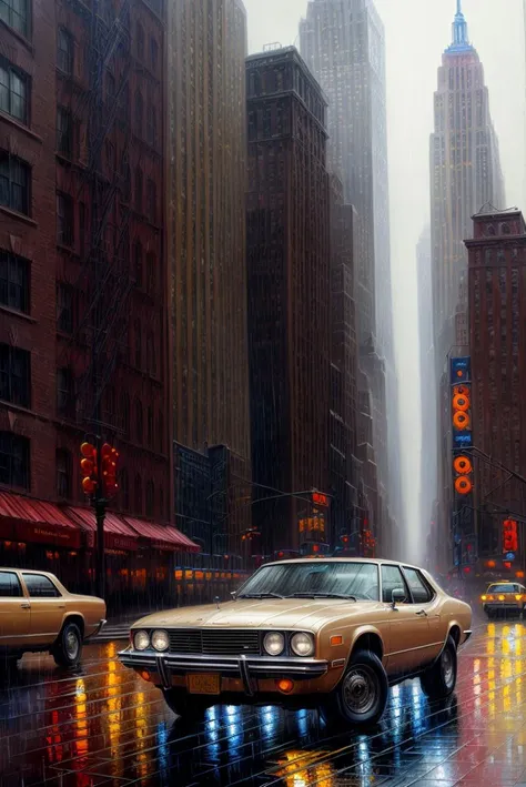 rain on new york in the 70s, highly detailed oil painting, unreal 5 render, rhads, bruce pennington, tim hildebrandt, digital art, octane render, beautiful composition, trending on artstation, award - winning photograph, masterpiece,  <lora:more_details:1>
