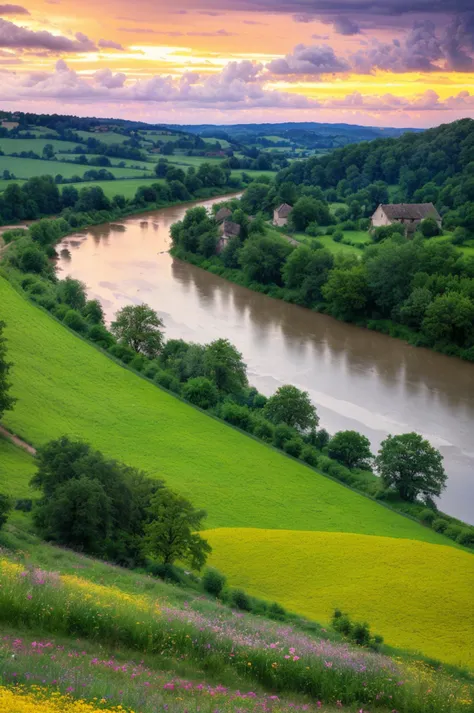 dordogne typical landscape, hills in the background, summer, river, ultra detailed, ultra sharp, award winning. 8 k, flowers, trees, old house, thunderstorm and rain, very dark clouds. heavy rain, colorful sunset, octane render.