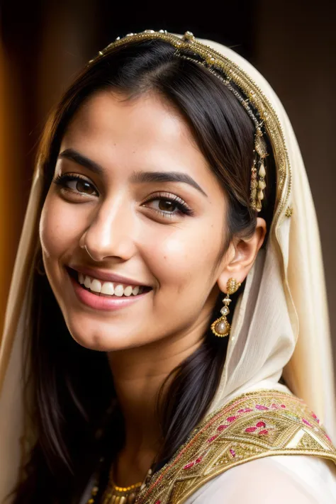 a photo portrait of a beautiful Arabian girl wearing traditional clothes, (smile, happy), (face portrait:1.5), dramatic light , Rembrandt lighting scheme, (hyperrealism:1.2), (8K UHD:1.2), (photorealistic:1.2), shot with Canon EOS 5D Mark IV, detailed face, detailed hair