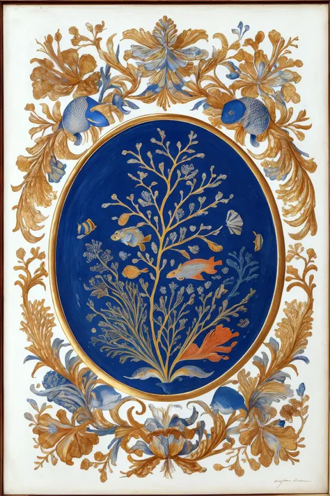 bottle vase of coral under the sea decorated with a dense field of stylized scrolls that have opaque outlines enclosing mottled blue washes, with blue cobalt shells and yellow fishes, Ambrosius Bosschaert the Elder, oil on canvas, around the edges there are no objects
