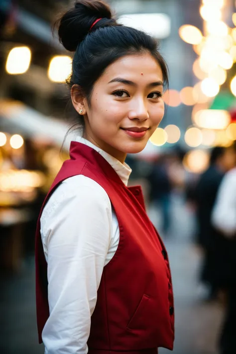 photograph of a woman, (festive facial expression), textured skin, goosebumps, black topknot hair, utility vest over a long-sleeve dress with combat boots, cropped arms, vibrant asian market filled with exotic goods street food and a lively atmosphere, perfect eyes, (cinematic lighting,strong side key lights), Cinestill 800t color, shot on RED Digital Cinema Camera, bokeh, sharp focus on subject, shot by Imogen Cunningham