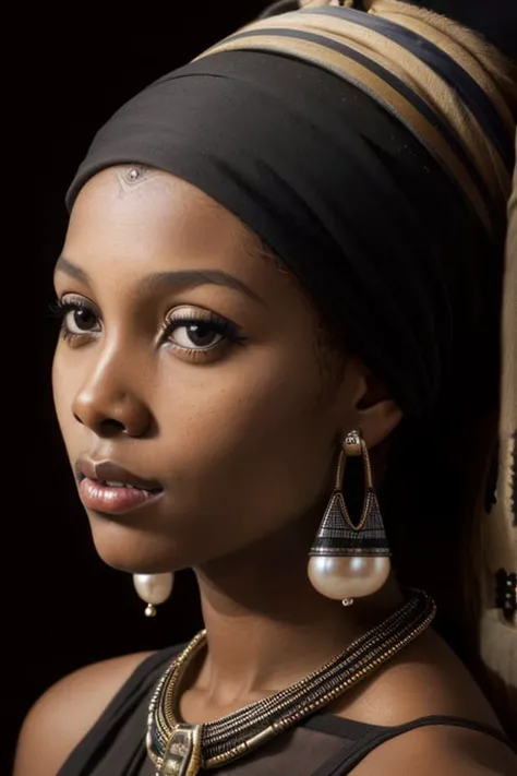 an award winning portrait photo of a beautiful woman as the girl with the pearl earring, (((black african ebony))), ultra photorealistic, beautiful detailed face, <lora:epiNoiseoffset_v2Pynoise:2>