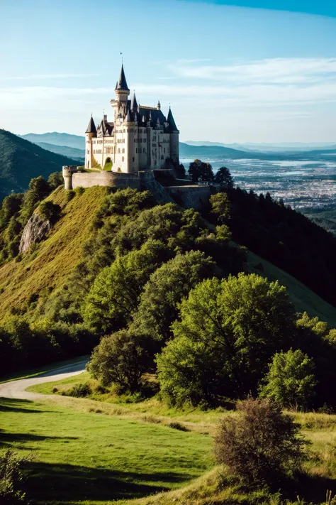 photograph, raw photo, majestic castle on a hill