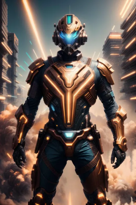 RAW Photo, DSLR, professional color graded BREAK 1male, helmet, sunlight, masterpiece, sci-fi armor, Neonpunkai, high def, as an action hero, blue sky, 1man , ((heavy armor)), hands on hips, cowboy shot, on the streets, dystopianstreet, smoke, tear gas, fire, detailed, natural light, cinematic composition, power armor, intricate details, highly detailed, 8k, reflective metal, <lora:add_detail:1>  <lora:Neonpunkai-8:1>
