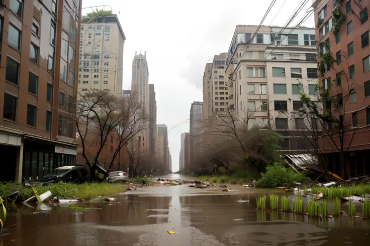 looking down a urban street submerged in (deep water), underwater, chicago, lake michigan, collapsed skyscraper, sinking into lake michigan, rusted barge, debris, (post-apocalypse:1.3), (apocalyptic:1.3) garbage, disaster, abandoned buildings poking from water, hazy smoke, end of humanity, (overgrown plants, vines, tall grass:1.3), plants everywhere, broken windows