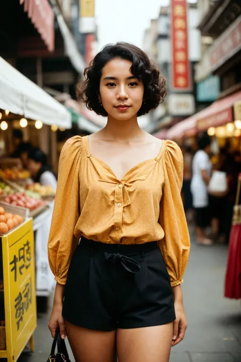photograph of a woman, (tense facial expression), textured skin, goosebumps, dark brown pin curls hair, puff-sleeve blouse with paperbag waist shorts, feet out of frame, vibrant asian market filled with exotic goods street food and a lively atmosphere, perfect eyes, (silhouetted against the bright light), Fujicolor Pro color, shot on Diana F+, bokeh, sharp focus on subject, shot by Rodney Smith