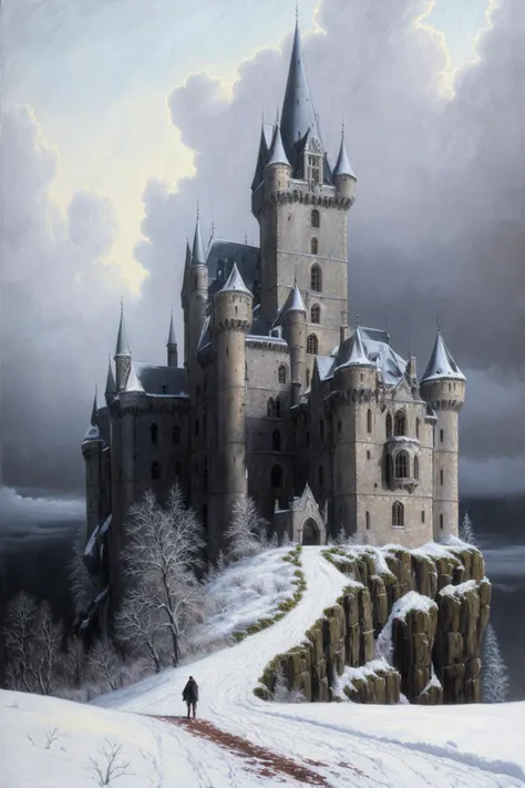 Hyper realistic oil painting of an abandoned gothic castle covered in cracks and standing on the edge of a cliff, surrounded by snow, falling snow, cloudy, blood splotches on the snow, moody lighting, creepy, by greg rutkowki, trending on artstation