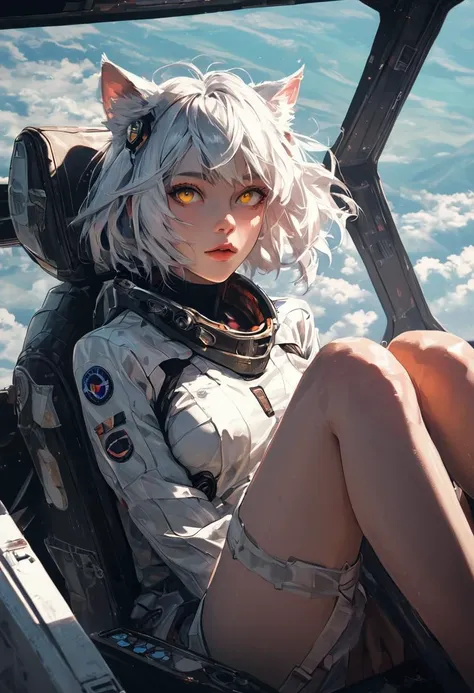 source_anime, score_9, score_8_up, score_7_up, score_6_up,Japanese art style,1girl, solo, catgirl, cat ears, white hair, bangs pinned up, golden eyes, vertical pupils, pale skin,
pilot, eva, cockpit, sitting, focus on legs, looking up, screens, leg focus, frontal view, front view, joystick, viewer between legs, nipple, pussy
<lora:g4n1m3XLP:0.3> <lora:comicbookpage style:0.2> <lora:add-detail-xl:0.9>