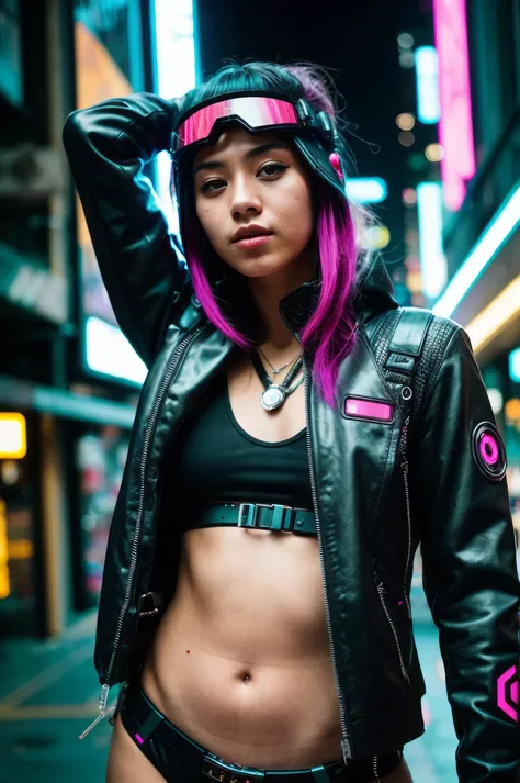 A woman wearing a pink bikini and a black jacket sits on the street, Cyberpunk Art style, Cyberpunk 2000. Model Girl, hyper-realistic Cyberpunk style, Cyberpunk atmosphere, Cyberpunk style , Surrealism, Cyberpunk Girl, Cyberpunk Art ultrarealistic 8k, Cyberpunk Girl, Cyberpunk Art, Female cyberpunk anime girl, in Cyberpunk style, Cyberpunk Judy Alvarez