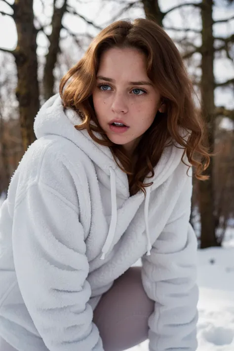 photograph of a woman, (disgusted facial expression), textured skin, goosebumps, ginger curly hair, oversized hoodie with leggings and sneakers, profile, winter landscape covered in a pristine blanket of white snow, perfect eyes, (cinematic lighting, strong side key lights), muted low grain color, shot on Kodak Brownie, bokeh, sharp focus on subject, shot by Lee Miller