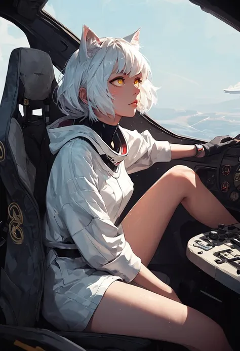 source_anime, score_9, score_8_up, score_7_up, score_6_up,Japanese art style,1girl, solo, catgirl, cat ears, white hair, bangs pinned up, golden eyes, vertical pupils, pale skin, 
pilot, eva,  cockpit, sitting, focus on legs, looking up, screens, leg focus, frontal view, front view, joystick, viewer between legs, nipple, pussy
<lora:g4n1m3XLP:0.3> <lora:comicbookpage style:0.2> <lora:add-detail-xl:0.9>