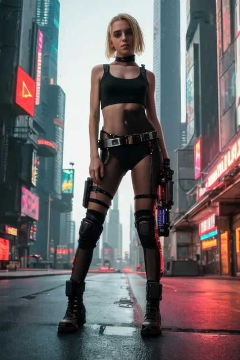 High quality colour HDR 8k photograph of a short, skinny, (petite), ((18 year old)) ((Caucasian)) ((cyberpunk)) girl, (blonde hair) pretty, beautiful, ((full body and legs)), ((subject centred)), ((extremely detailed face)), Canon EOS R3, well lit, flawless skin, looking directly at the camera, ((small hands)) detailed ((red and black sleeveless high neck top)), (detailed cyberpunk background) ray tracking, cinematic lighting, 8k, film grain